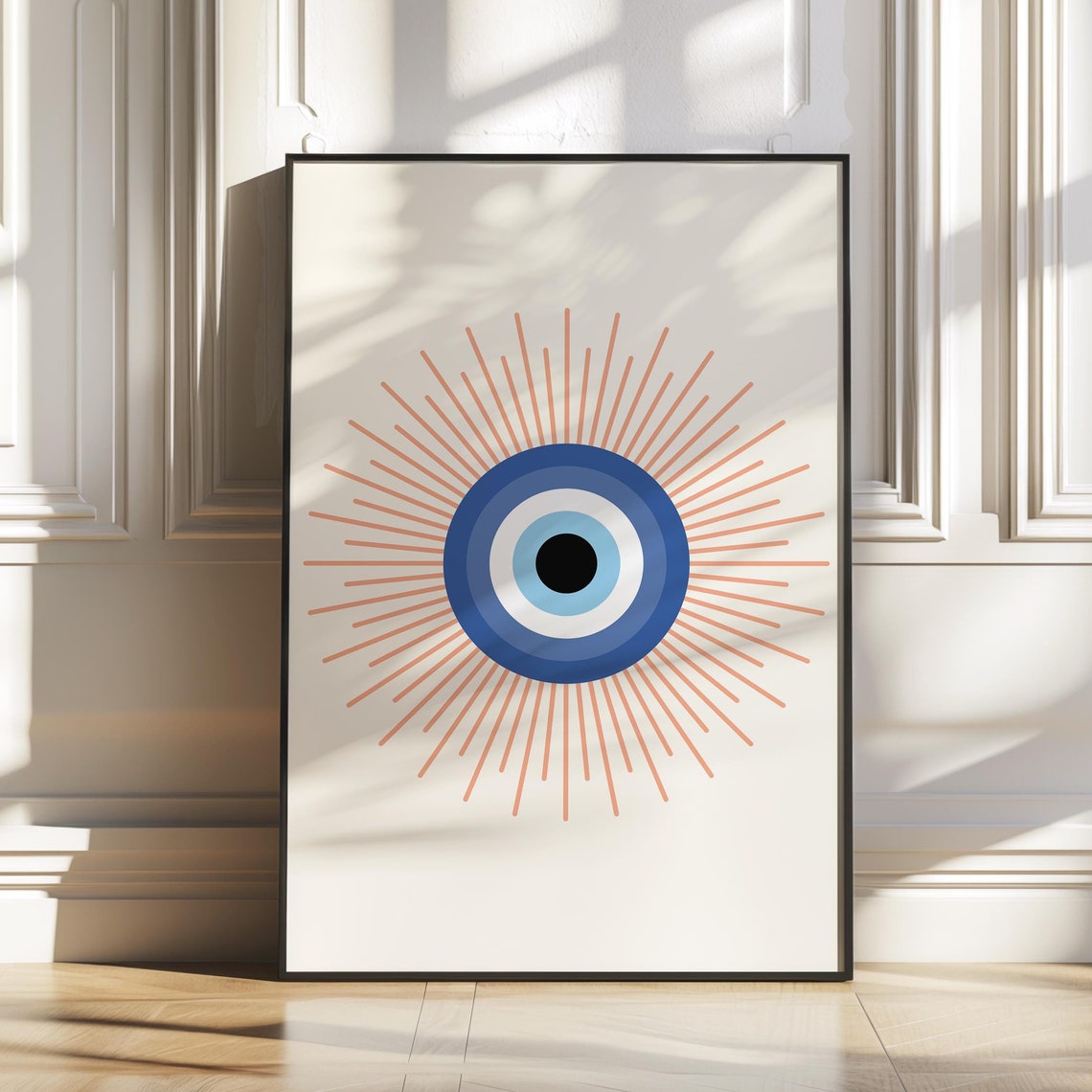 Evil Eye Amulet Terracotta Sunburst Blue Bohemian Minimalist Wall Art