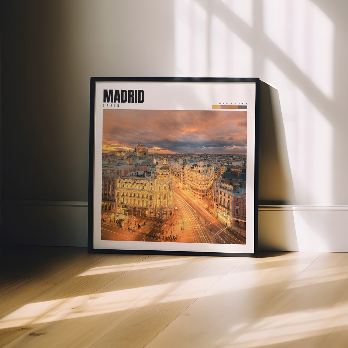 Madrid Poster with Gran Via Buildings Glowing at Dramatic Sunset - Image 3