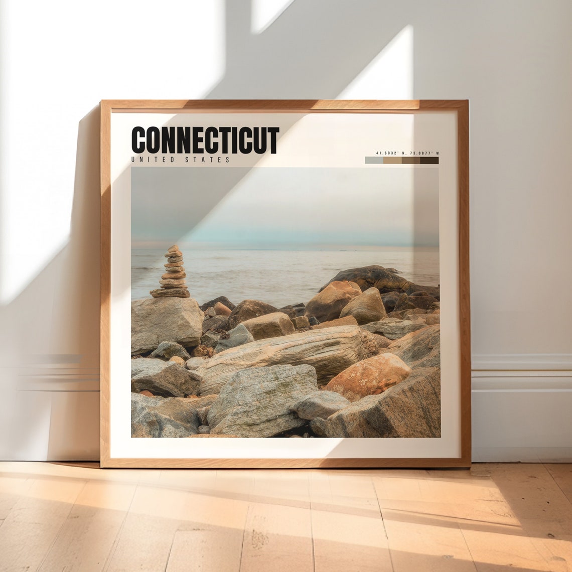 Connecticut Rocky Shoreline Stone Cairn Stack Calm Water Poster