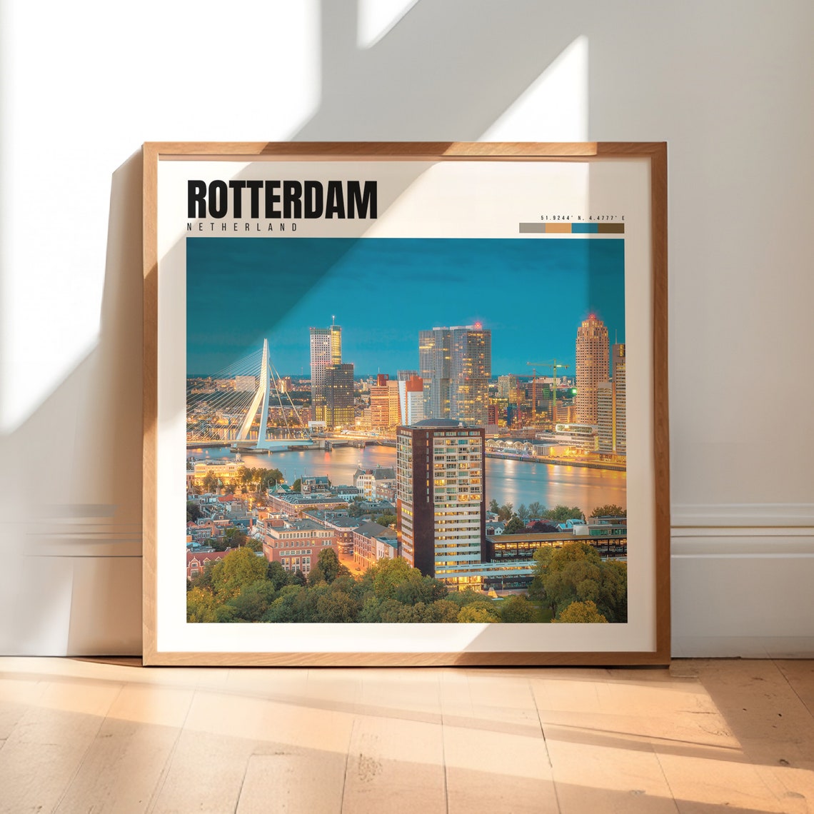 Rotterdam Netherlands Erasmus Bridge Blue Hour Harbor Skyline Poster