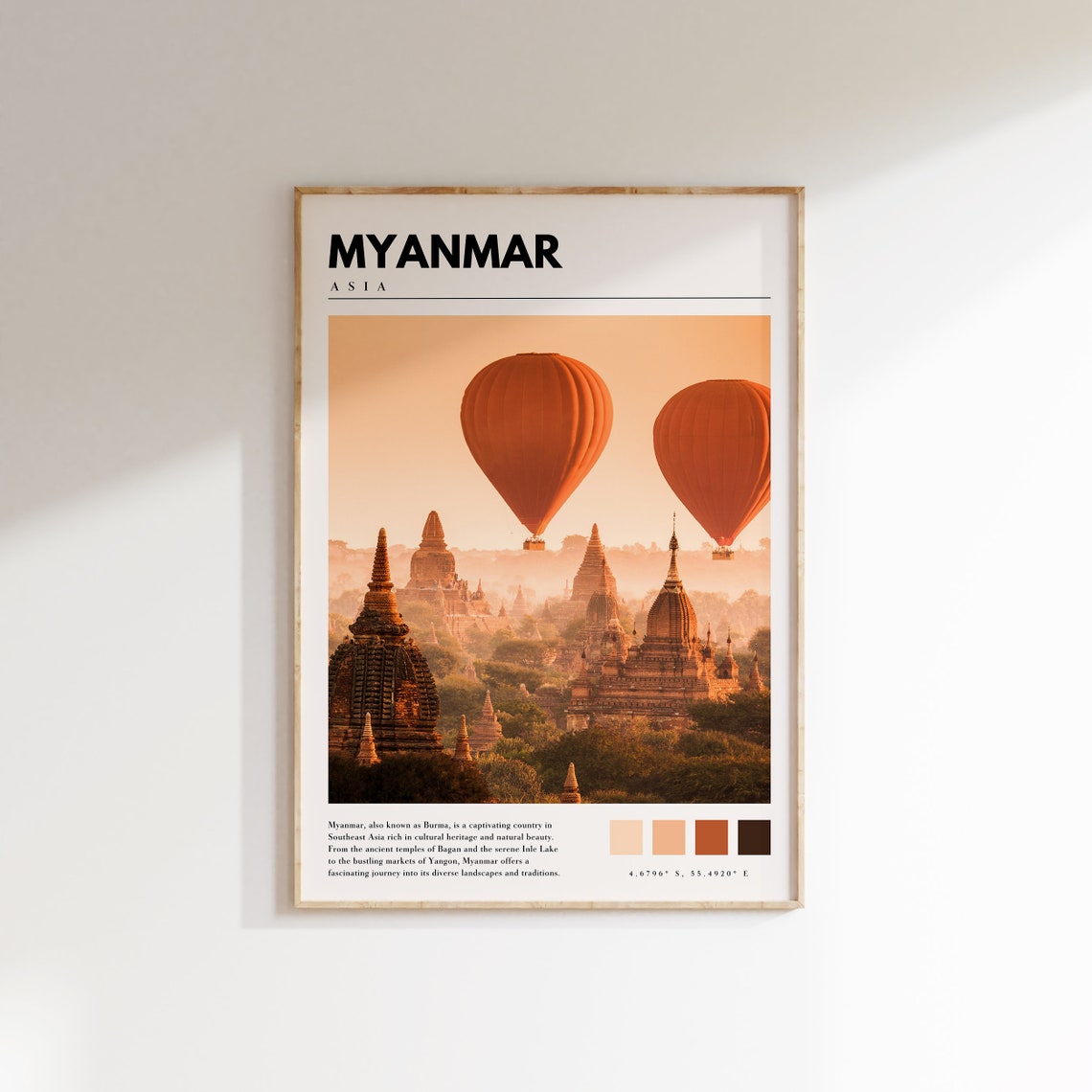 Myanmar Asia Bagan Temples Hot Air Balloons Sunrise Golden Poster