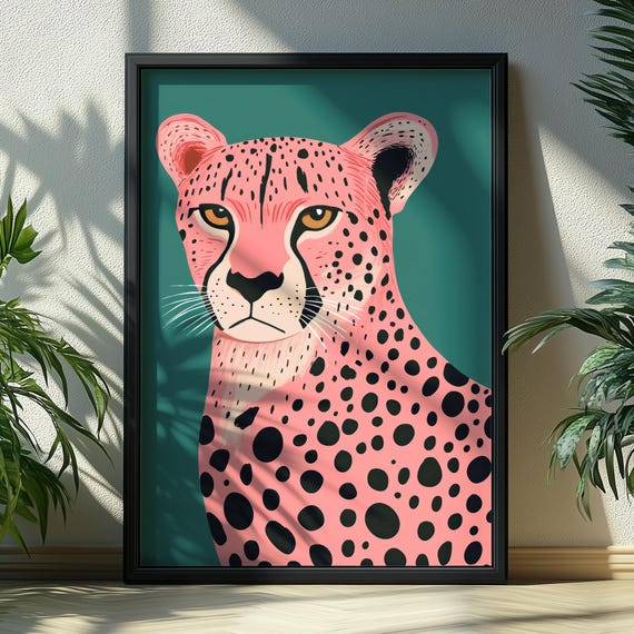 Pink Cheetah On Teal Green Wall Art Jungle Animal Print For Dorm Room Leopard Poster Maximalist Trendy Instant