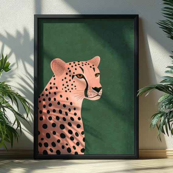 Pink Cheetah Print Maximalist Decor Wall Art Glam Preppy Boho And Green Emerald Modern Dark