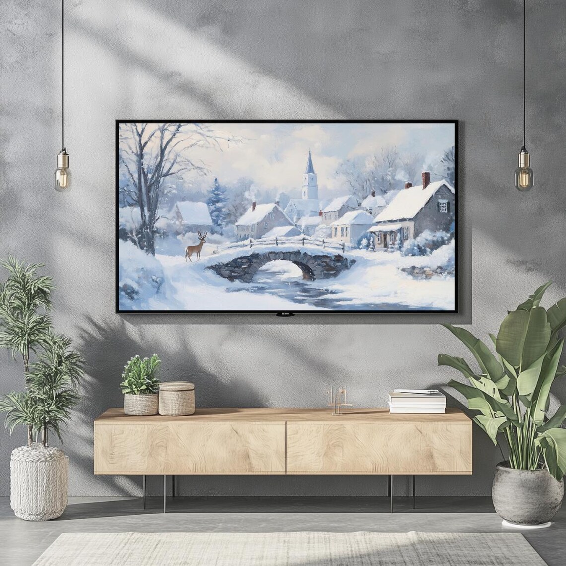 Winter Village Deer Stone Bridge Church Snowy Landscape Art Poster - Image 2