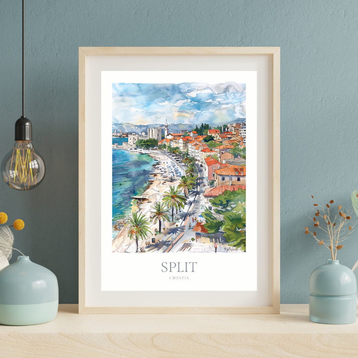 Split Croatia Watercolor Beach Palm Coast Promenade Travel Poster - Image 2
