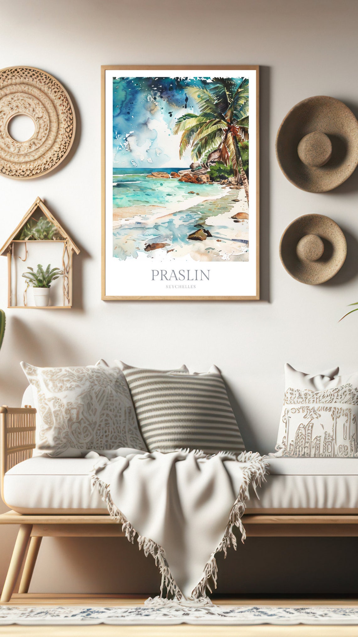 Praslin Seychelles Palm Beach Turquoise Water Watercolor Poster - Image 2