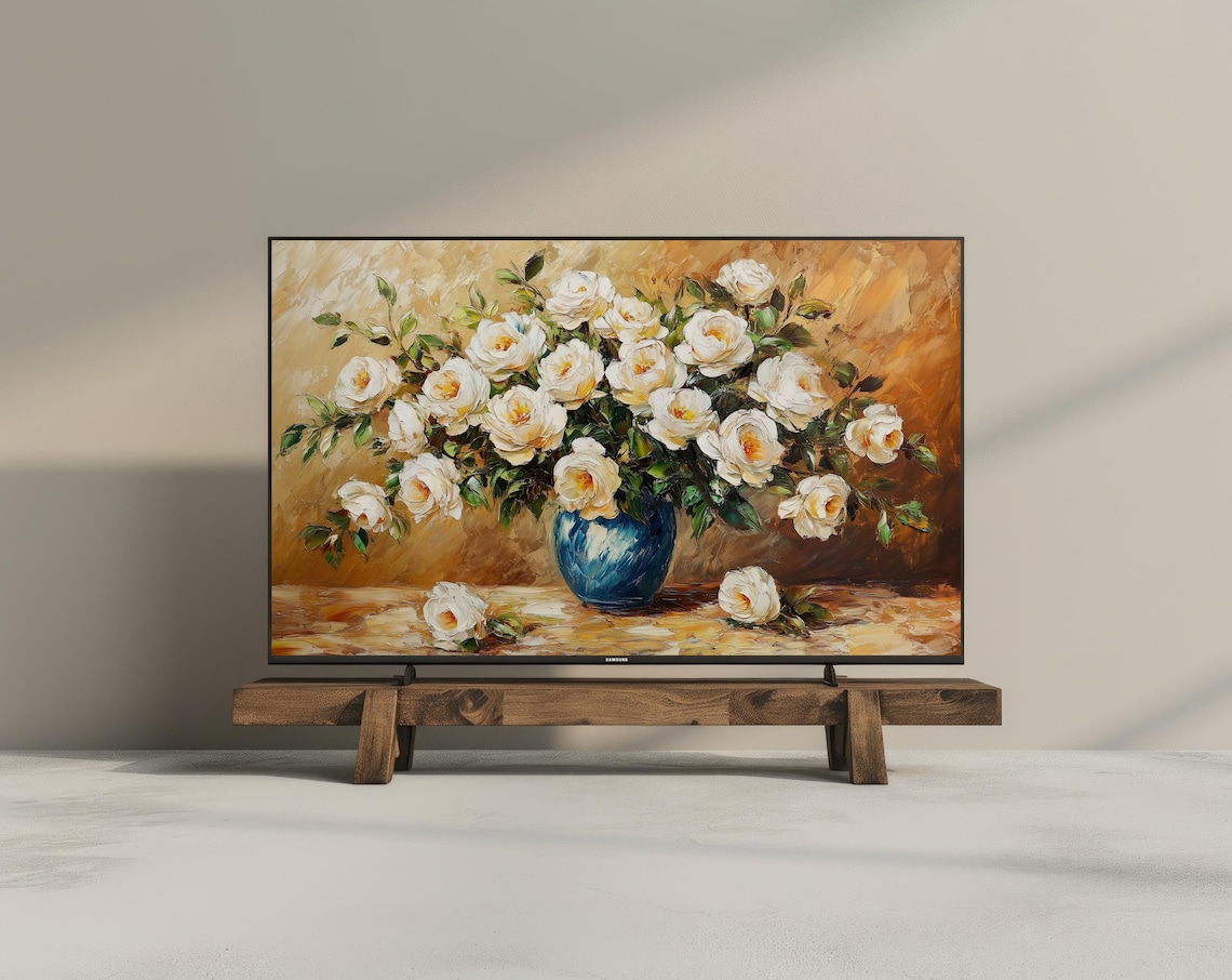 White Roses In Blue Vase Impasto Oil Still Life Floral Painting Poster - Image 3
