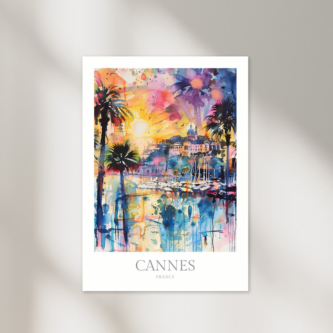 Cannes France Harbor Sunset Palm Trees Watercolor Travel Poster
