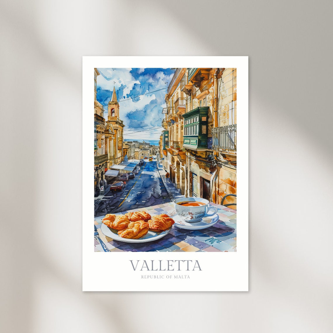 Valletta Malta Cafe Table Croissants Church Street Watercolor Poster