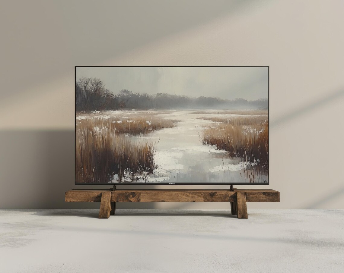 Winter Marsh Reeds Frozen Stream Misty Neutral Landscape Frame TV Poster - Image 3