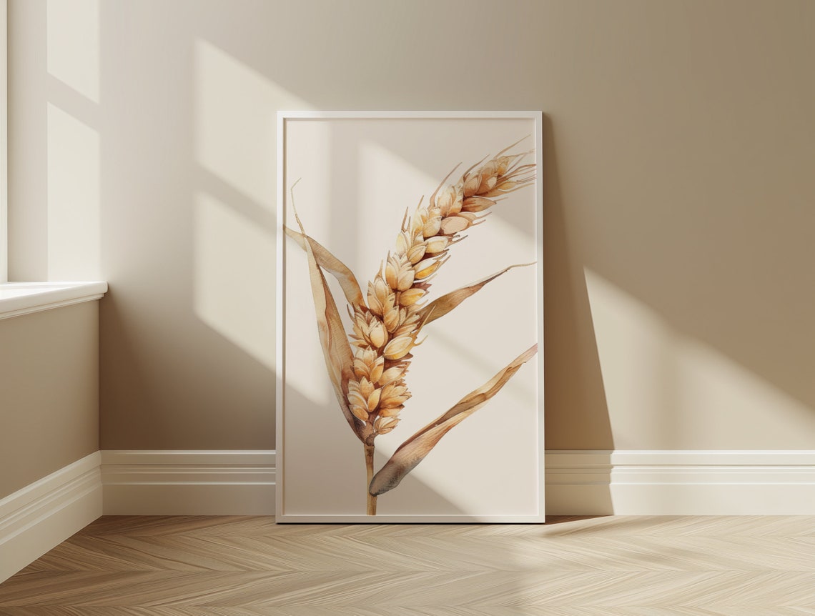 Single Golden Wheat Ear Minimalist Botanical Watercolor Study Poster - Image 3
