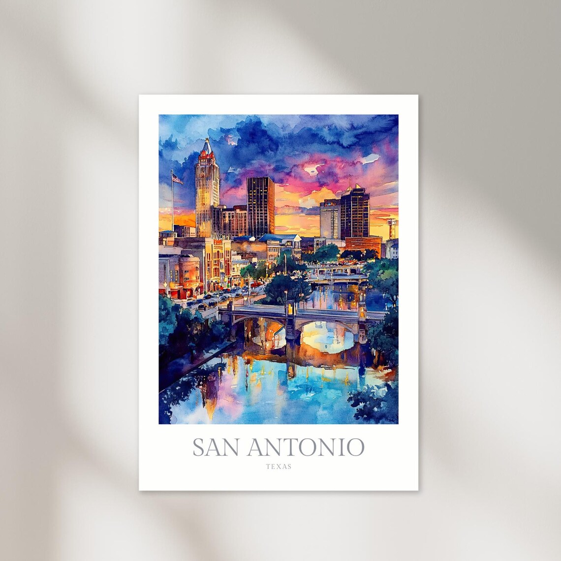 San Antonio Texas Watercolor Travel Poster Print