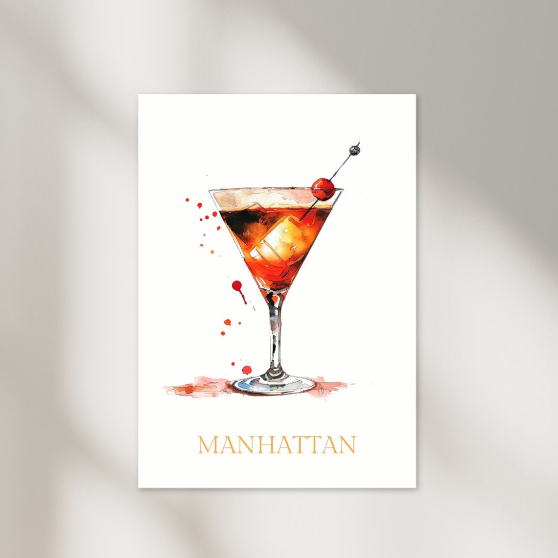 Manhattan Cocktail Cherry Watercolor Bar Kitchen Decor Poster - Image 2