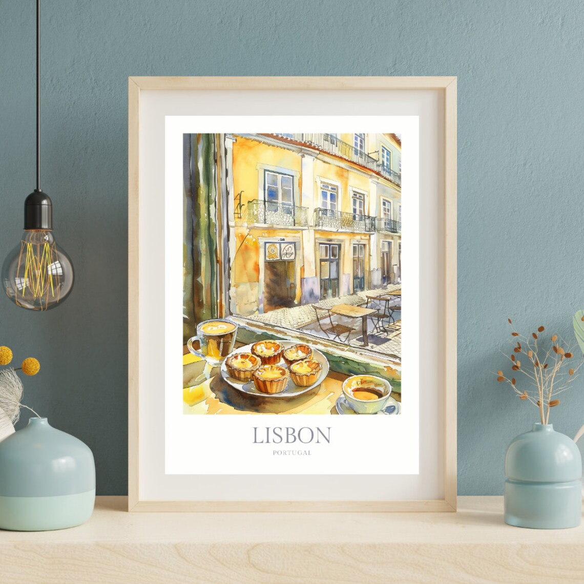Lisbon Portugal Cafe Watercolor Custard Tart Street Scene Wall Art - Image 2