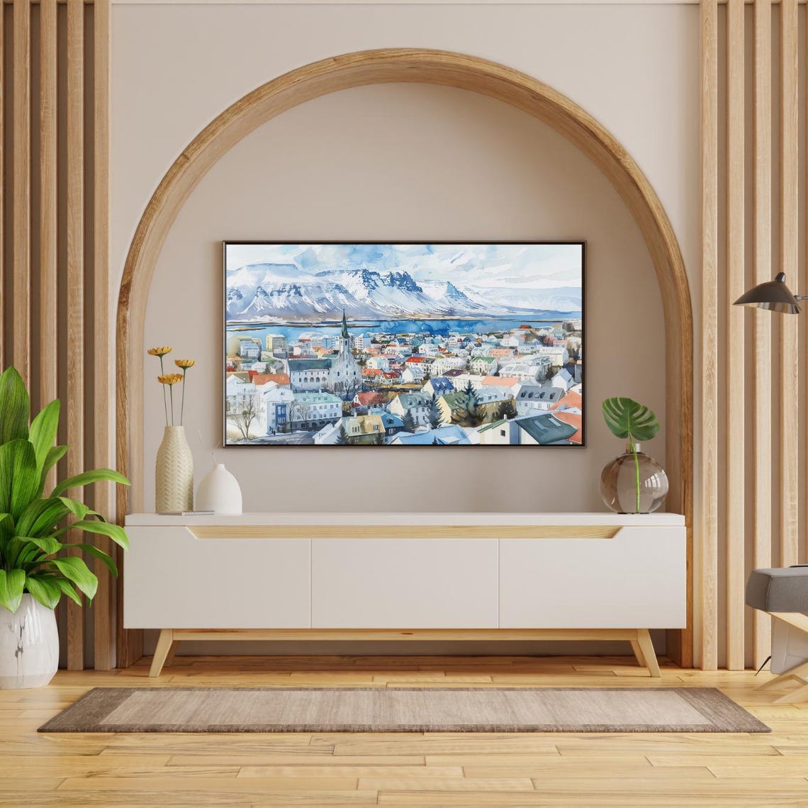 Reykjavik Iceland Watercolor Cityscape Mountain Skyline Wall Art - Image 2