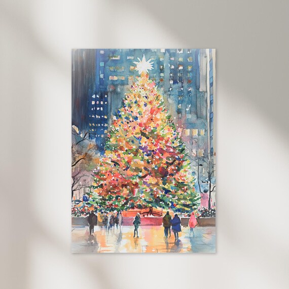New York Christmas Tree Watercolor Vintage Poster