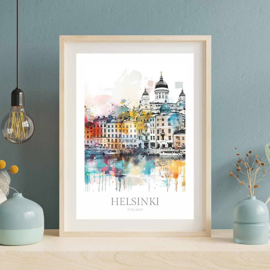 Helsinki Finland Colorful Harbor Buildings Cathedral Watercolor Poster - Image 2