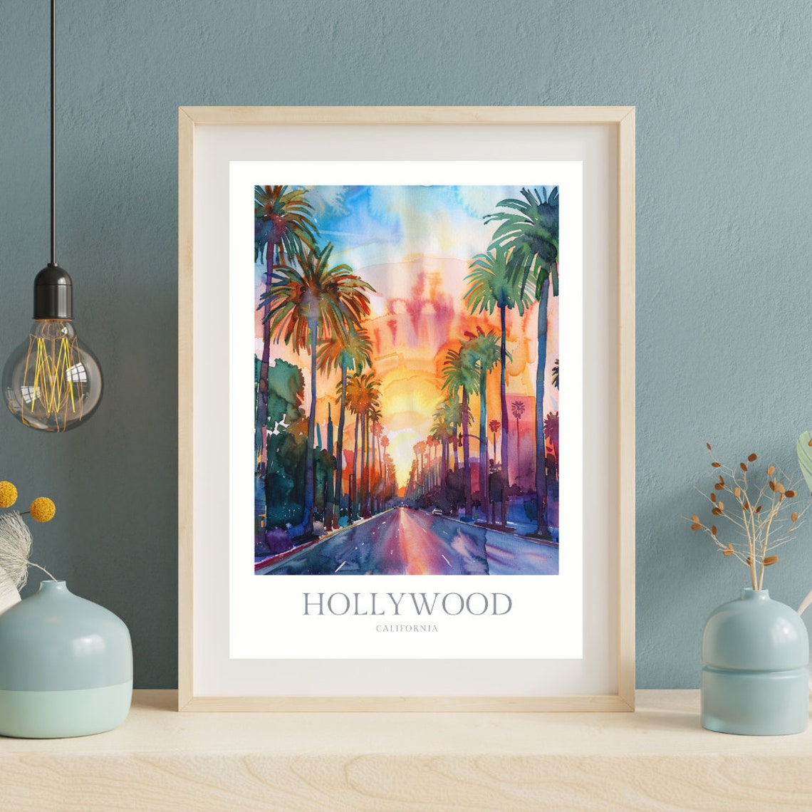 Hollywood California Watercolor Palm Boulevard Sunset Travel Poster - Image 2