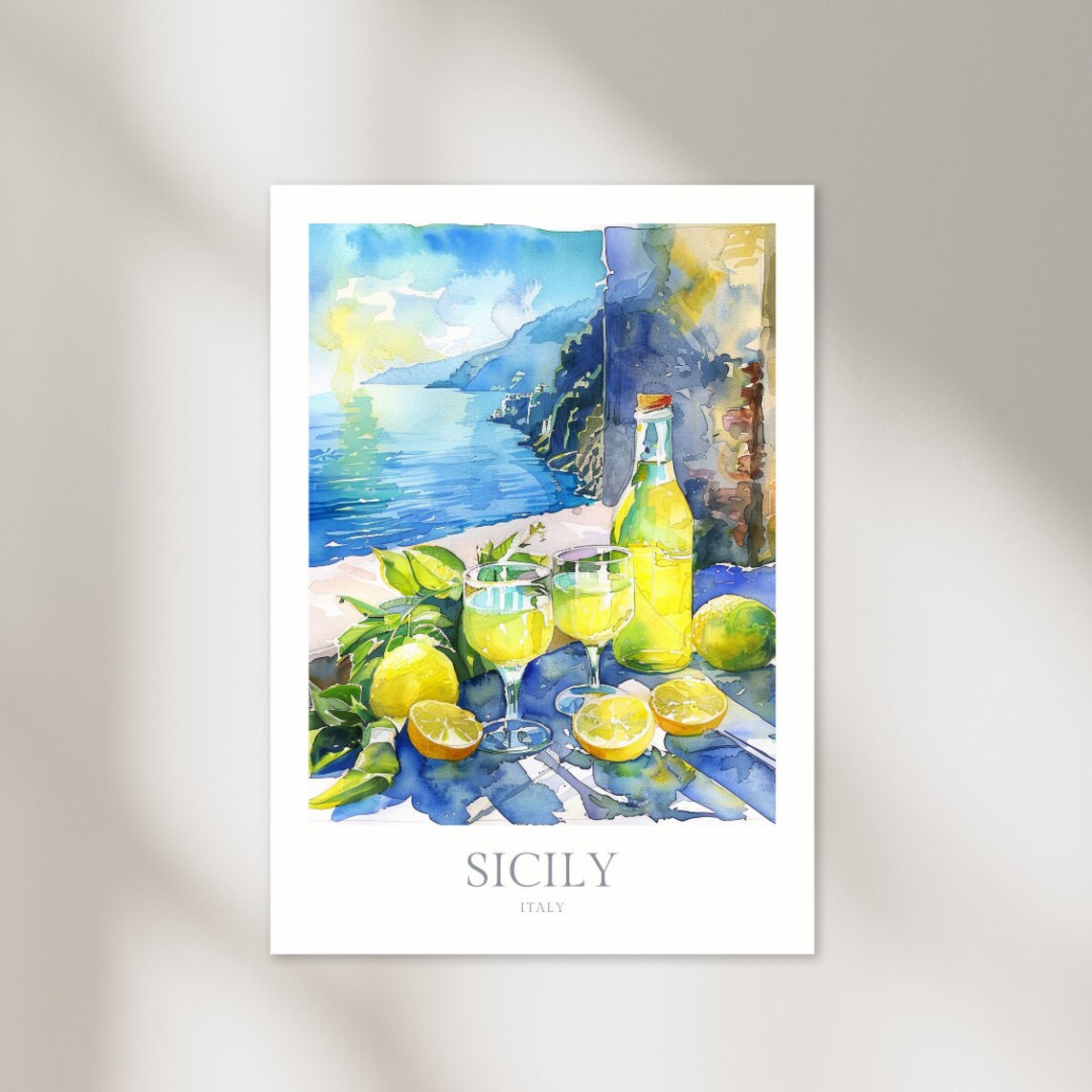 Sicily Italy Watercolor Travel Poster, Limoncello