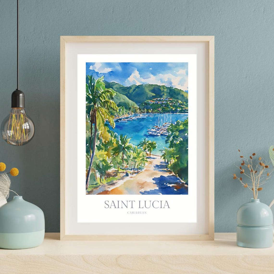 Saint Lucia Caribbean Marina Bay Palm Beach Watercolor Poster - Image 2