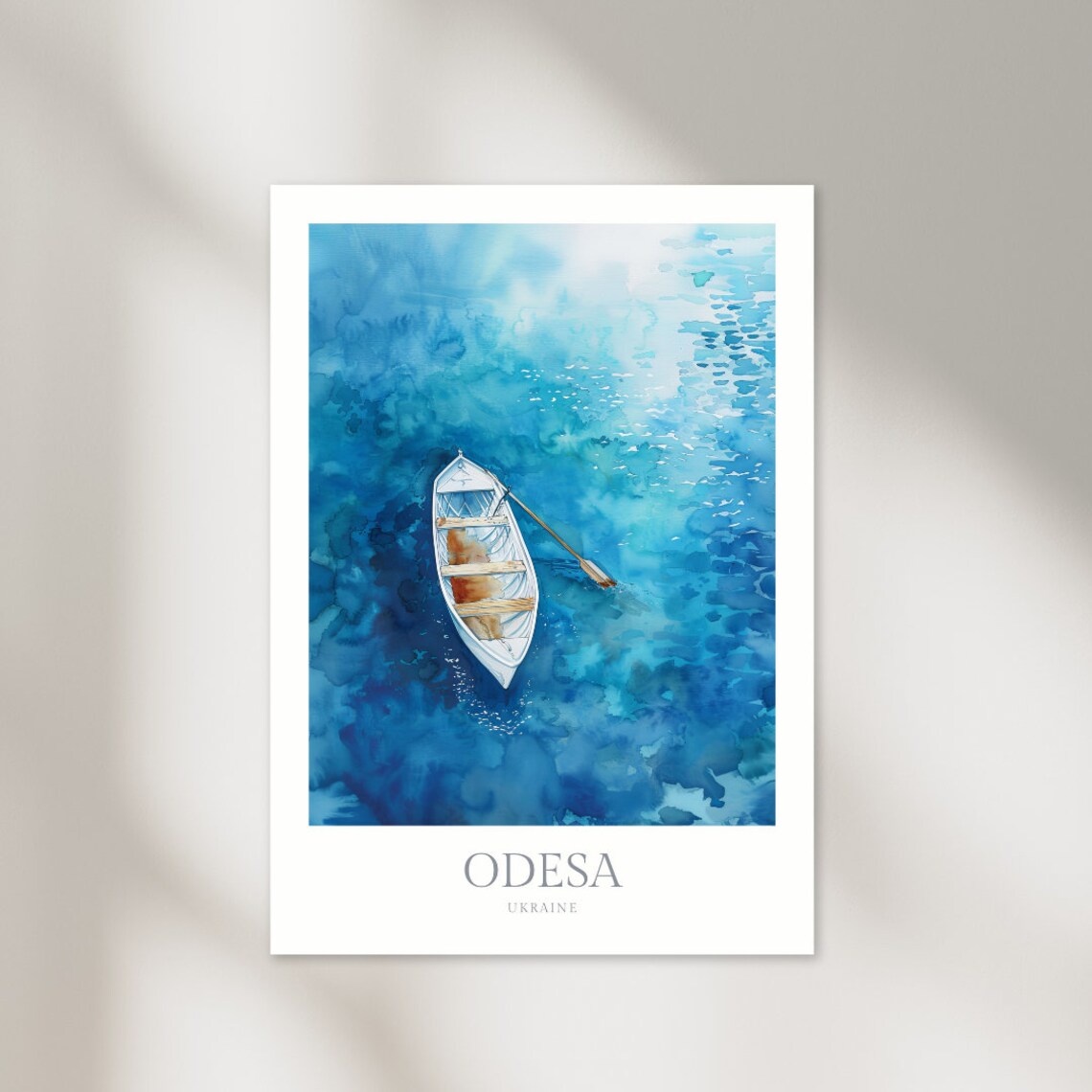 Odesa Ukraine Watercolor Rowboat On Turquoise Sea Travel Poster