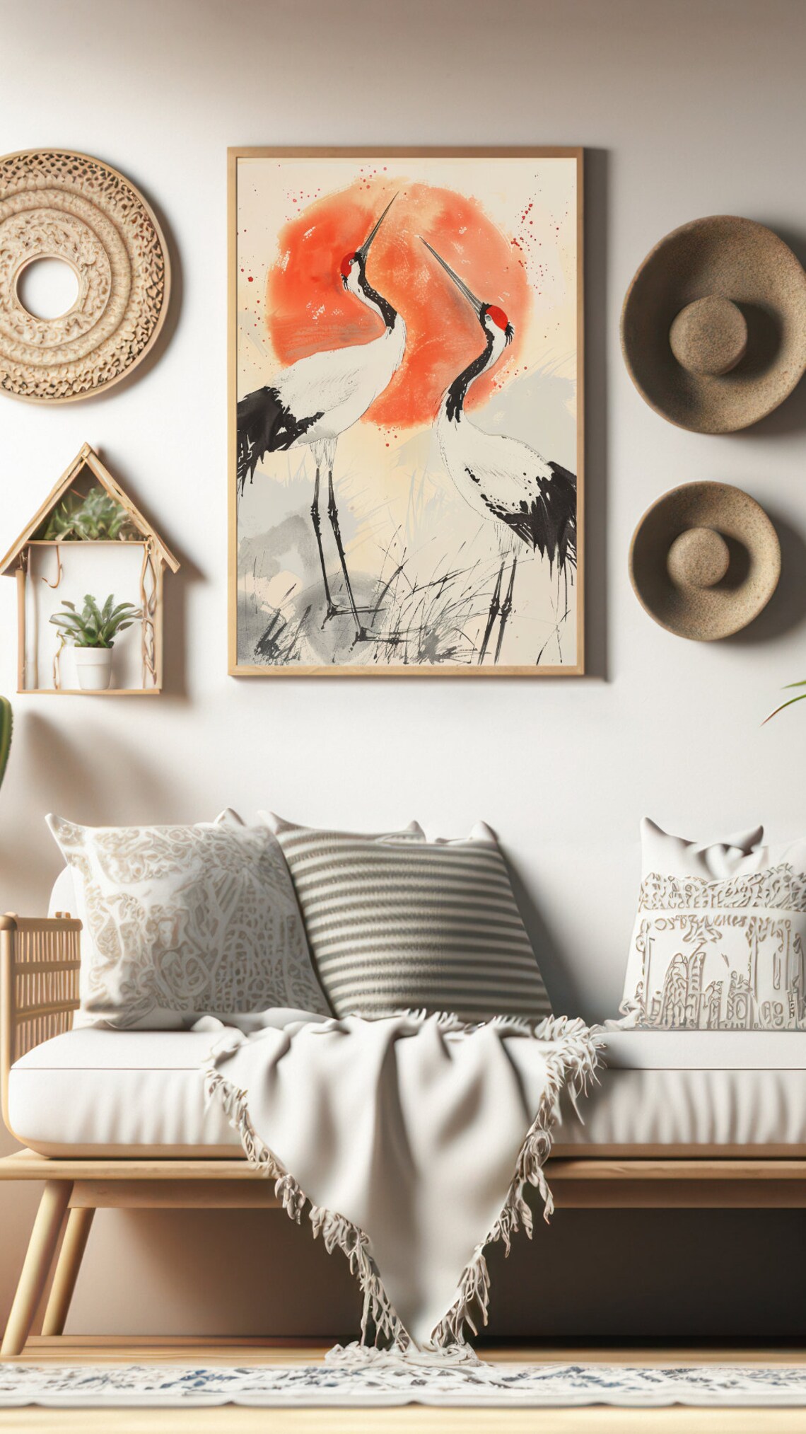 Red Crowned Cranes Red Sun Japanese Ink Watercolor Art Print - Image 2