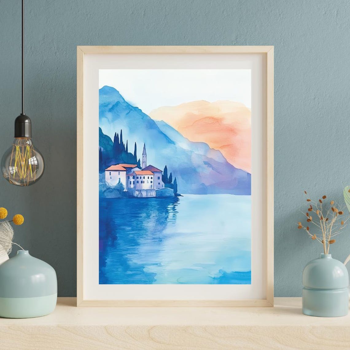 Lake Iseo Italy Sunset Lakeside Village Watercolor Poster Art - Image 2