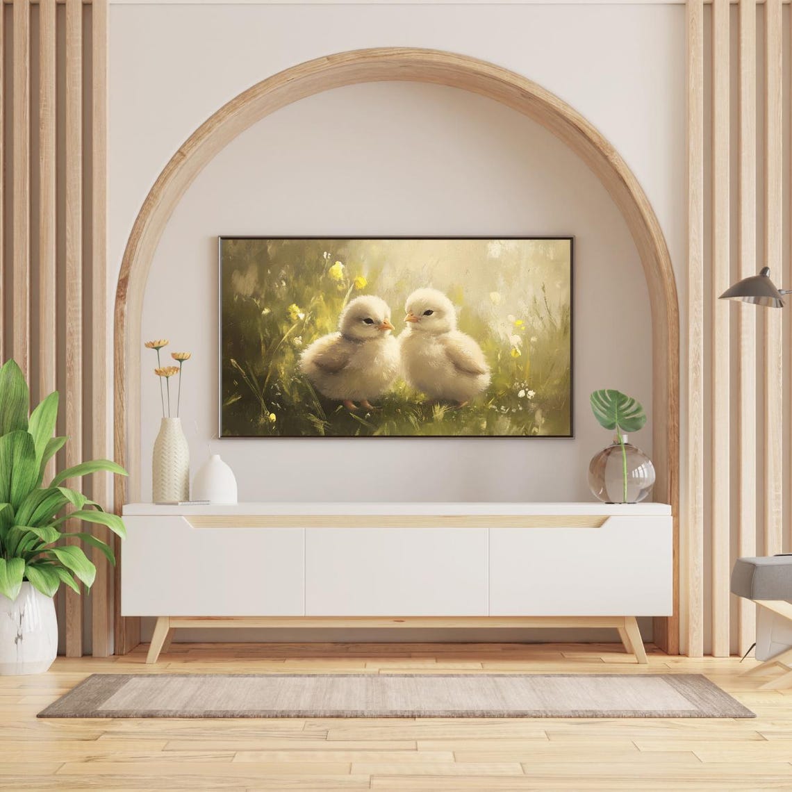 Two Baby Chicks Spring Grass Vintage Rustic Chick Oil Painting Poster - Image 2