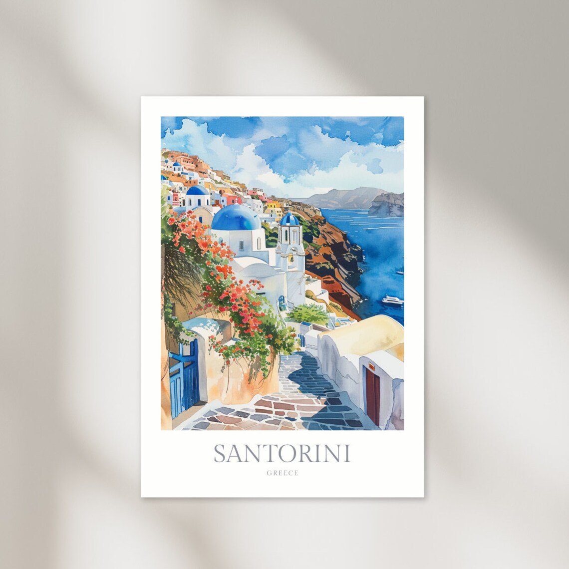 Santorini Greece Watercolor Art Print, Travel Poster
