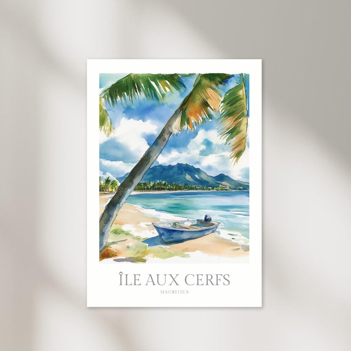 Ile Aux Cerfs Mauritius Beach Palm Boat Tropical Watercolor Poster