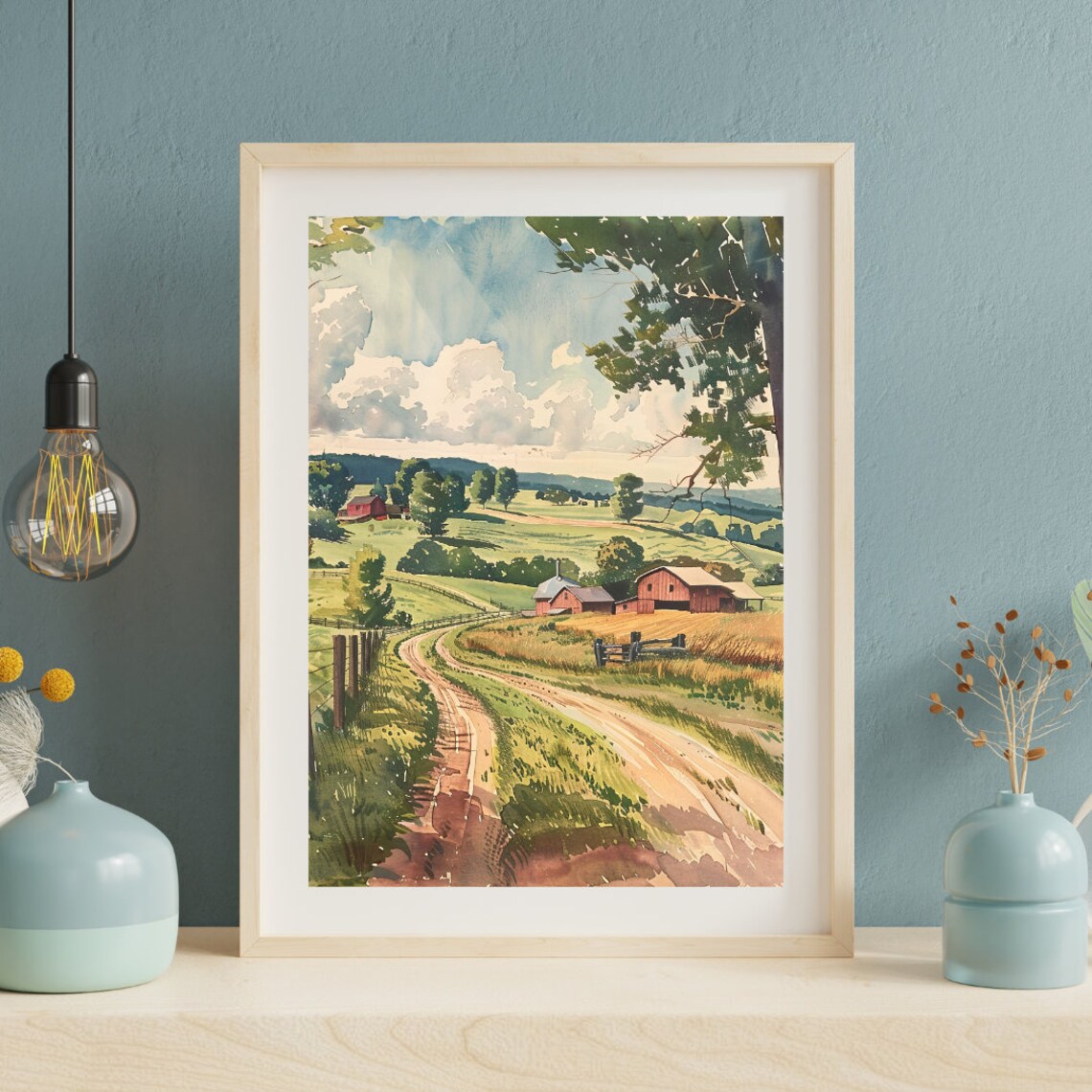 Country Farm Barns Winding Dirt Road Rolling Hills Watercolor Poster - Image 3