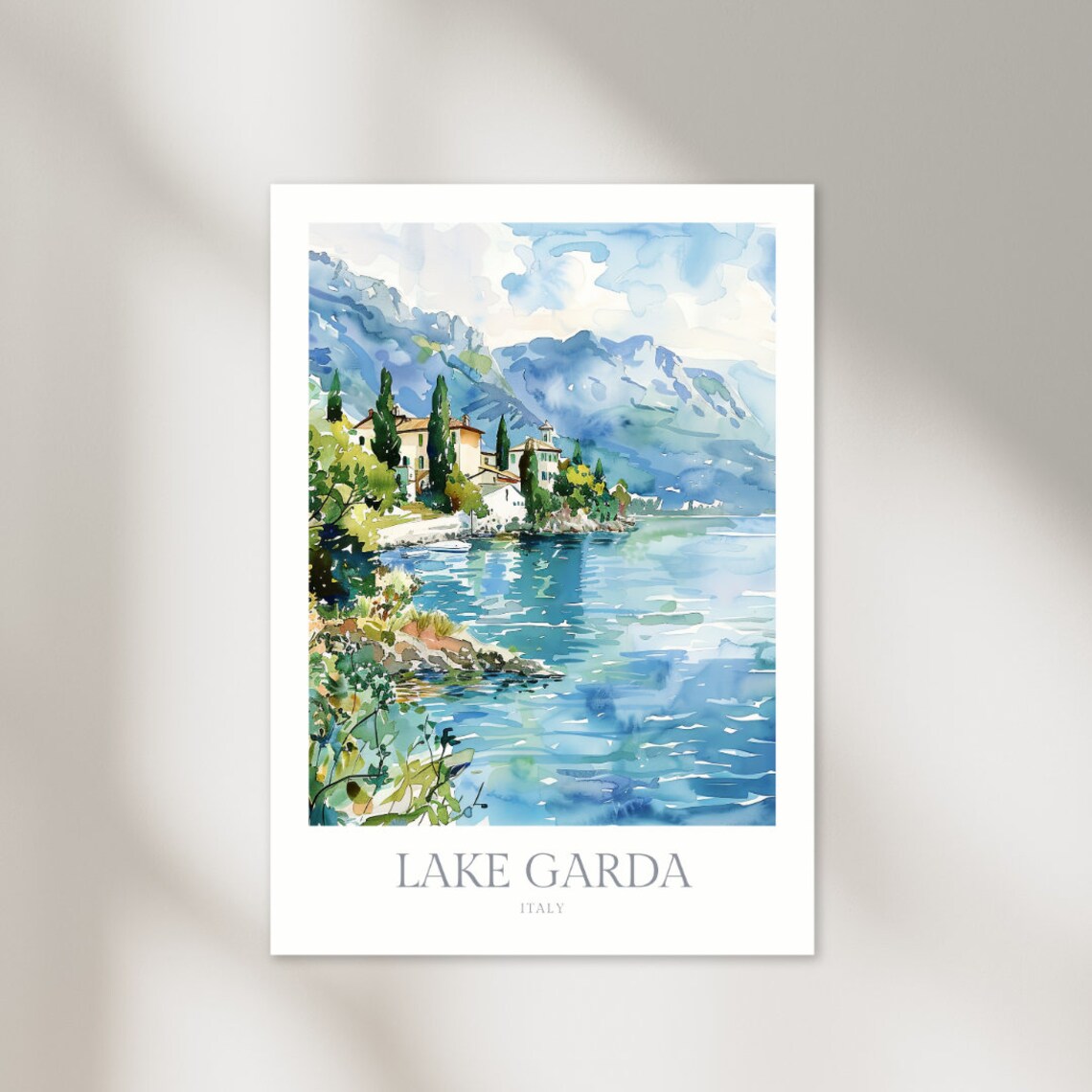 Lake Garda Italy Lakeside Villa Cypress Watercolor Travel Art Poster