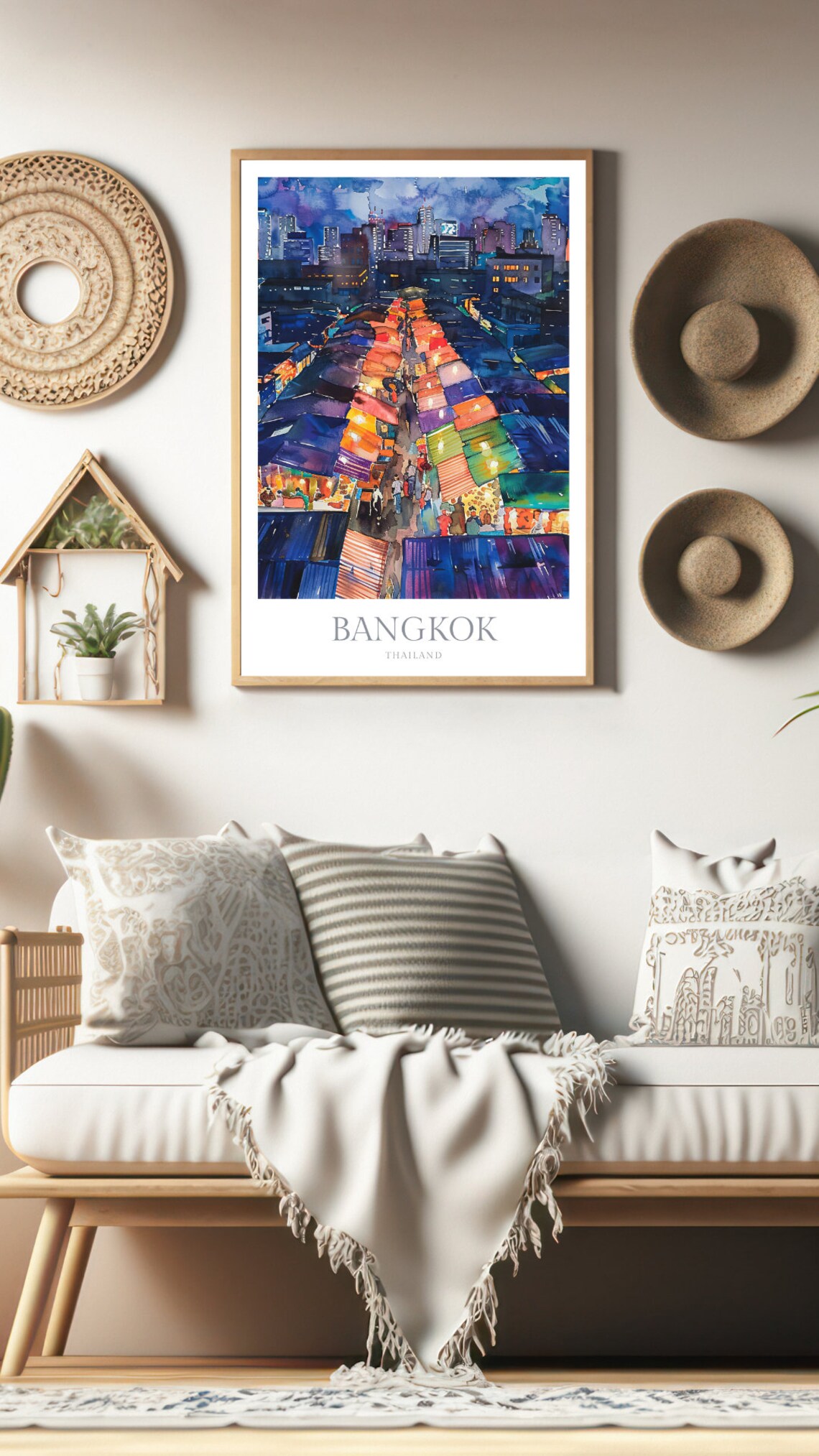 Bangkok Thailand Night Market Colorful Stalls Watercolor Travel Poster - Image 2
