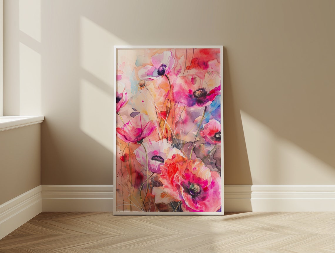 Pink Poppy Watercolor Wildflower Meadow Spring Bloom Art Poster