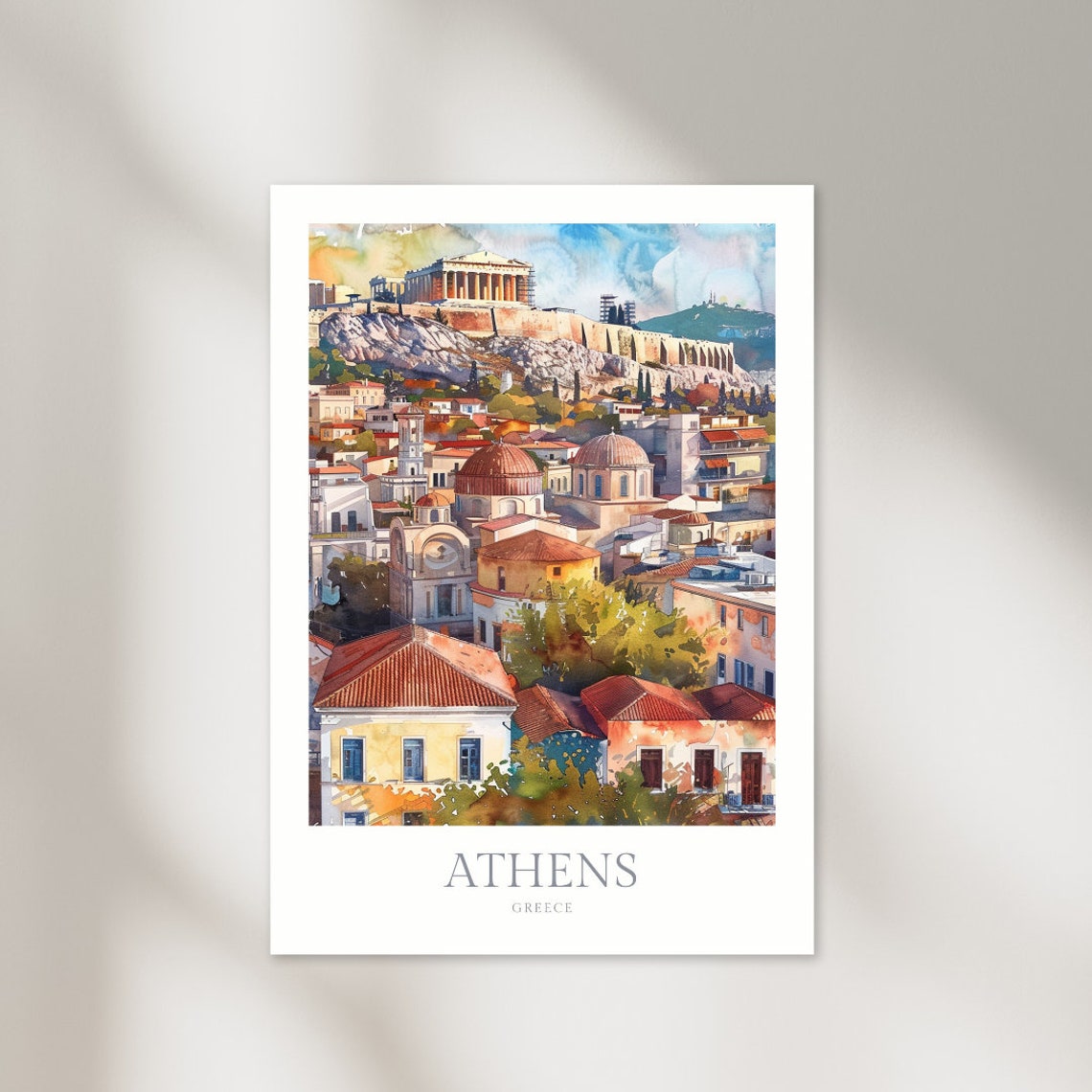 Athens Greece Watercolor Acropolis Parthenon Cityscape Travel Poster
