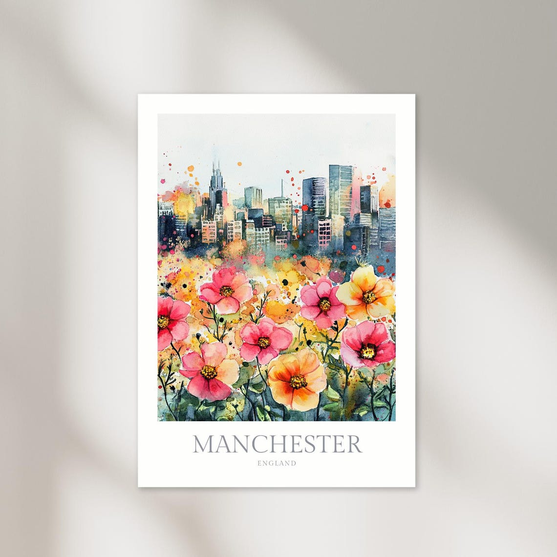 Manchester England Watercolor City Skyline Poster With Wildflowers