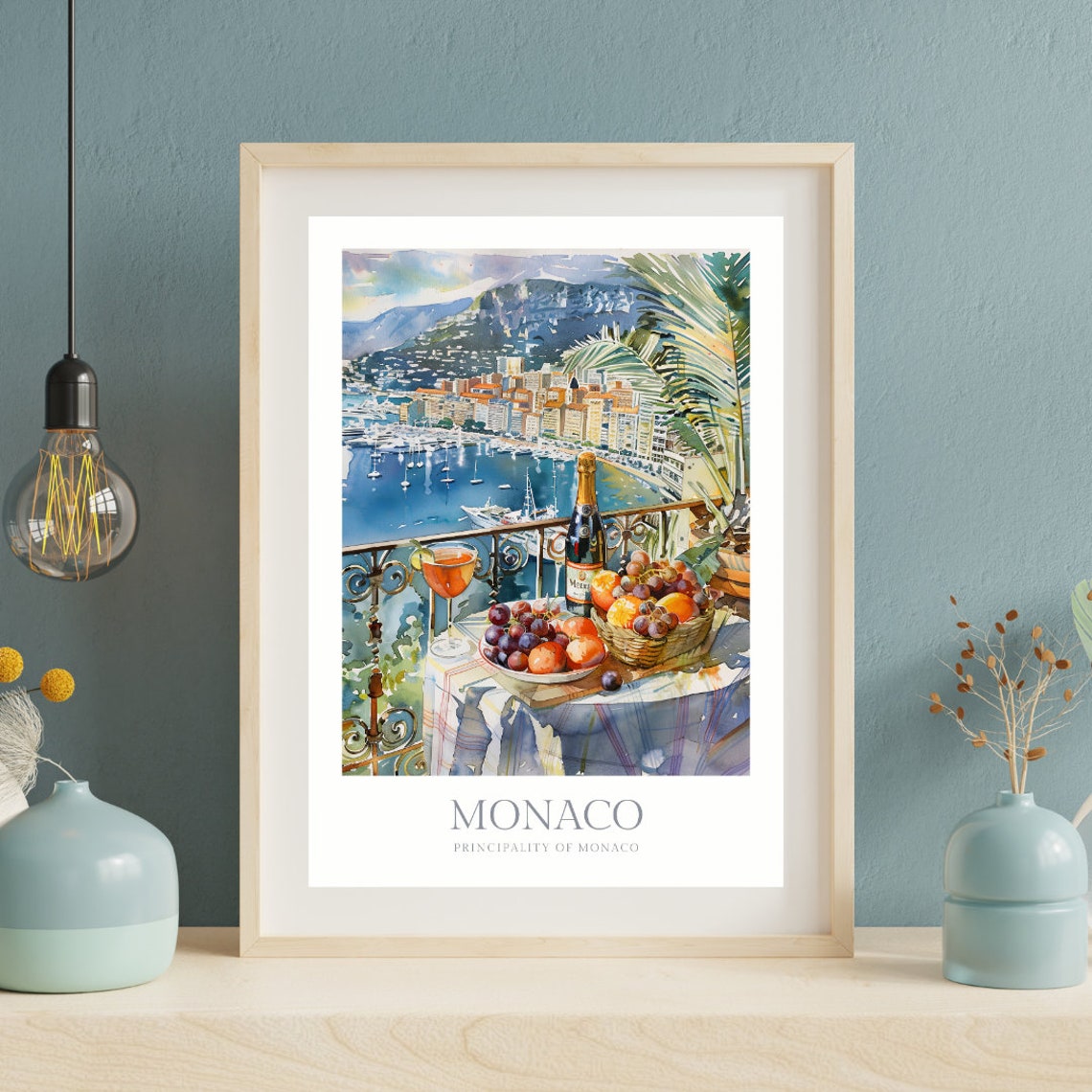 Monaco Watercolor Harbor Balcony Champagne French Riviera Poster - Image 2
