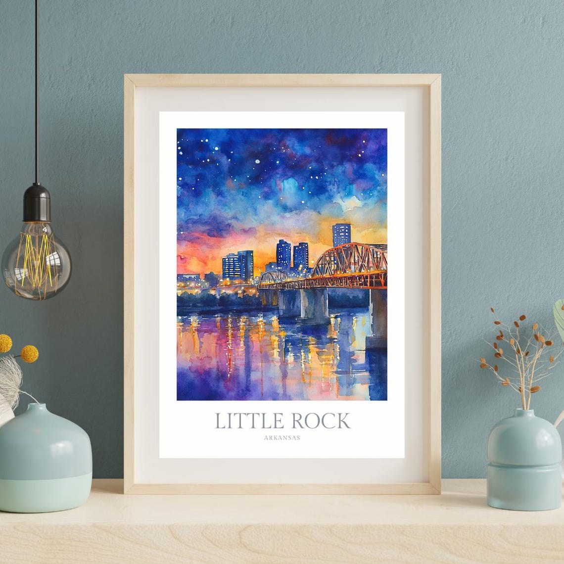 Little Rock Arkansas Watercolor Skyline Bridge River Dusk Poster - Image 2