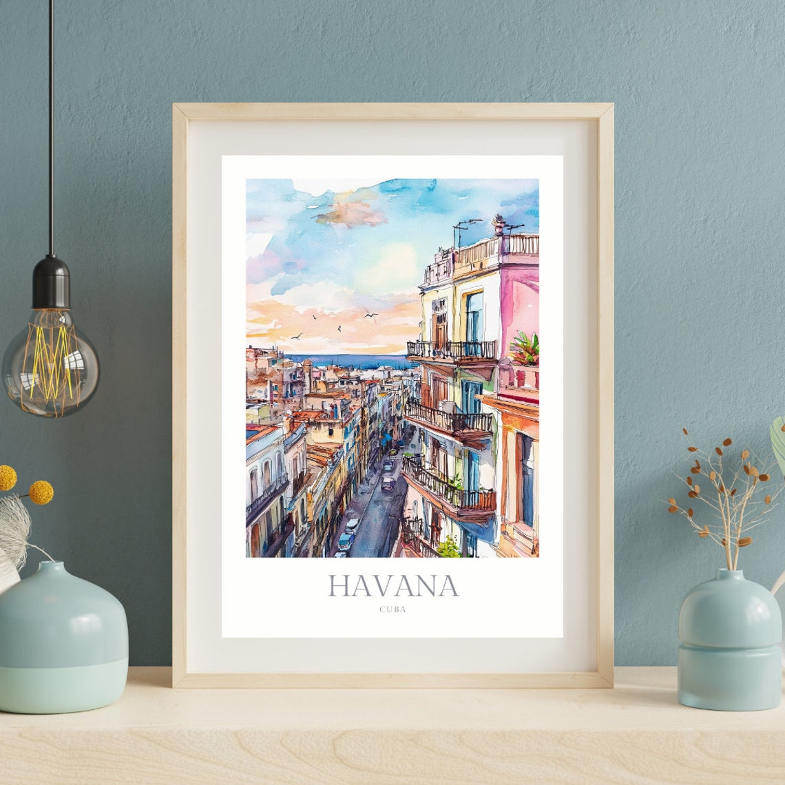Havana Cuba Old Street Balconies Sea View Watercolor Art Poster - Image 2