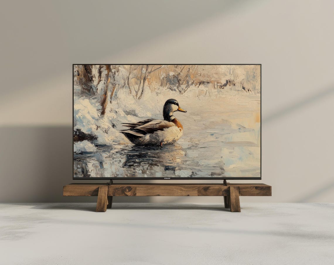 Mallard Duck Icy Winter Pond Snowy Banks Impressionist Painting Poster - Image 3