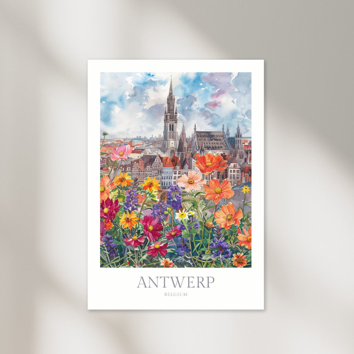 Antwerp Belgium Cathedral Watercolor Flower Garden Travel Poster