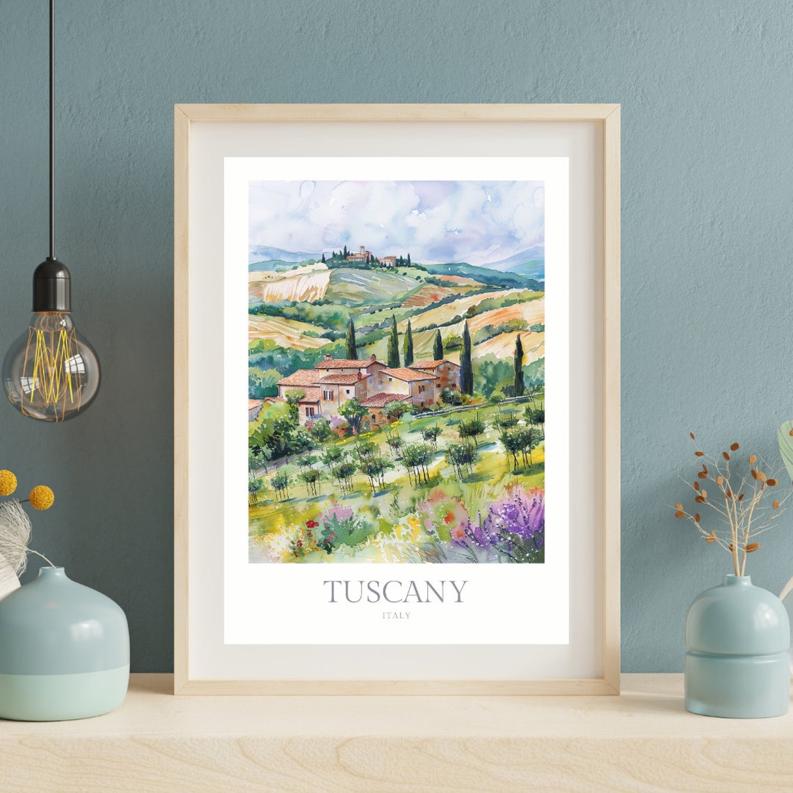 Tuscany Italy Rolling Hills Stone Villa Cypress Watercolor Poster - Image 2