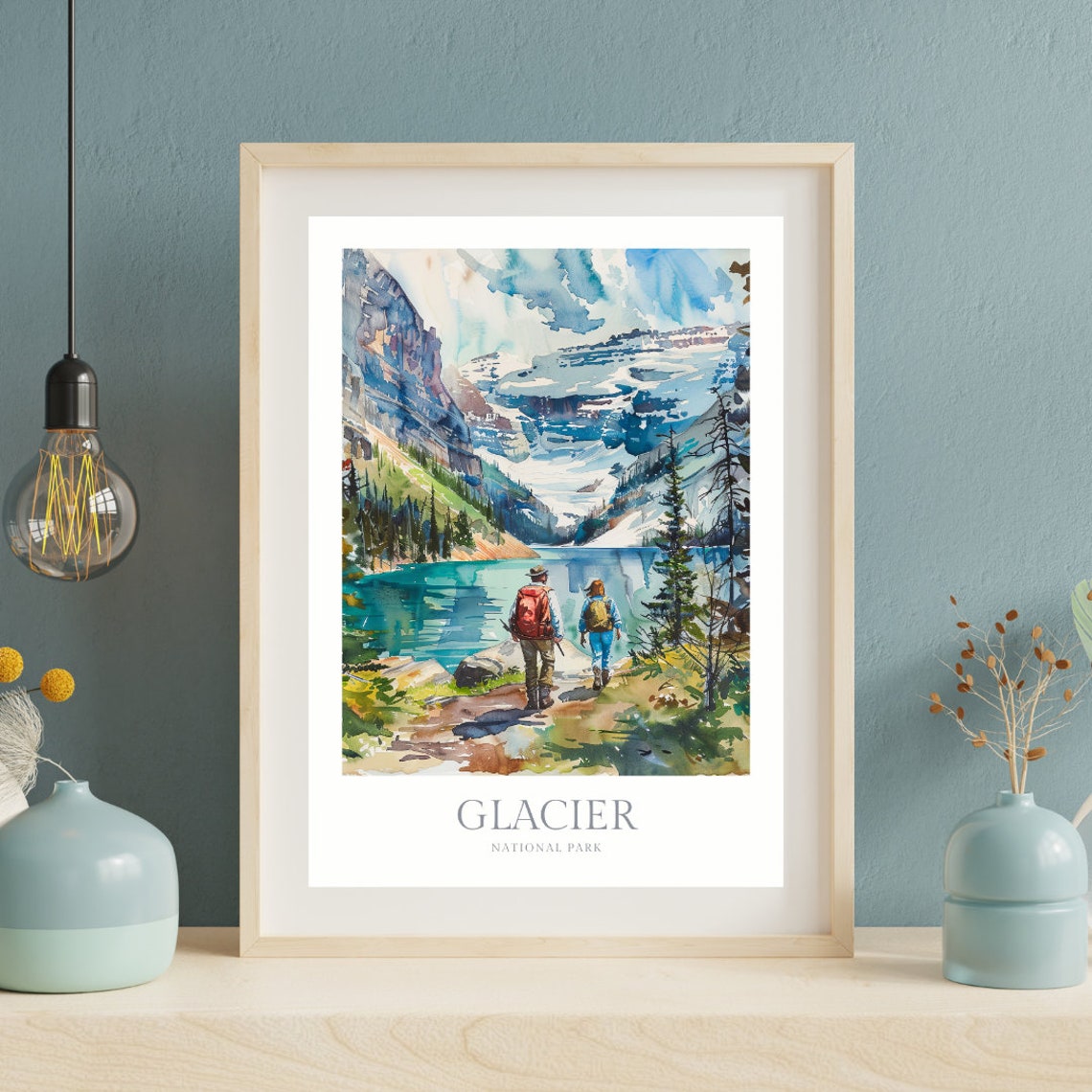 Glacier National Park Hikers Alpine Lake Watercolor Travel Poster - Image 2