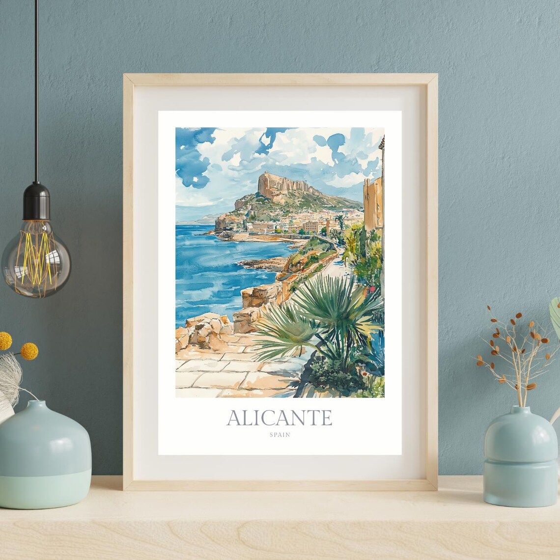 Alicante Spain Coastal Castle Overlook Mediterranean Watercolor Poster - Image 2