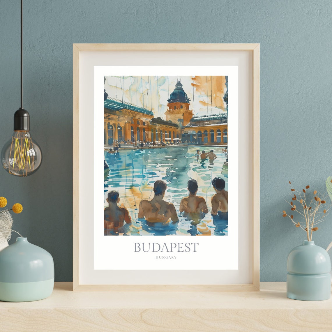 Budapest Hungary Thermal Bath Watercolor Travel Poster Spa Scene - Image 2
