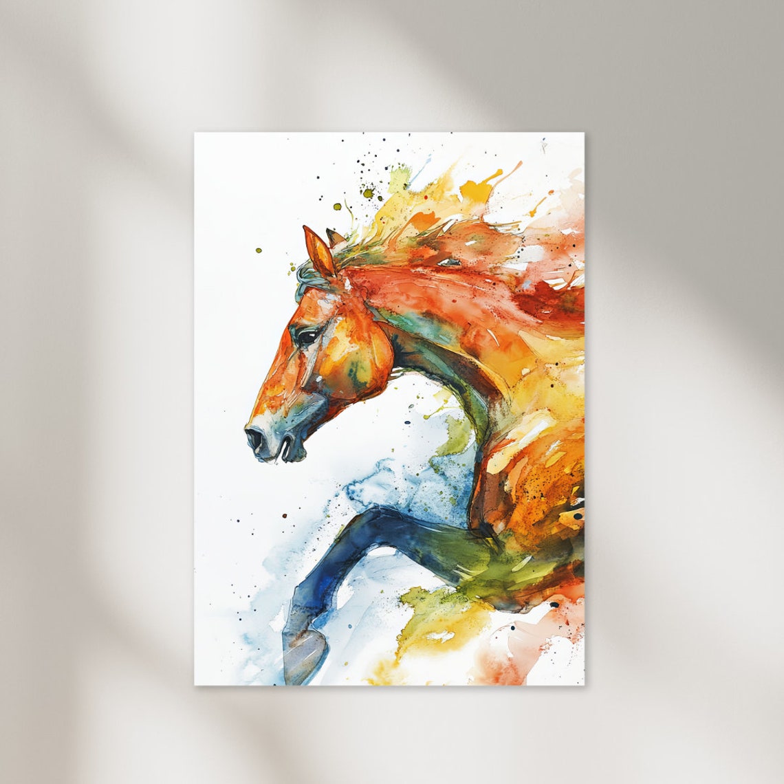 Fiery Orange Rearing Horse Abstract Watercolor Equine Poster