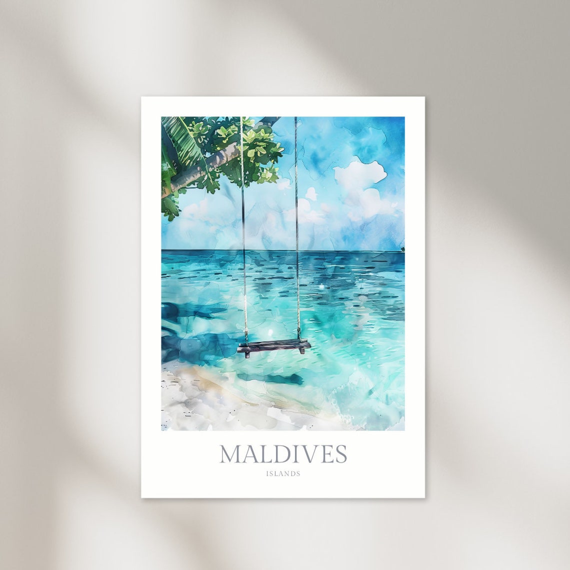 Maldives Islands Ocean Swing Palm Tree Turquoise Watercolor Poster