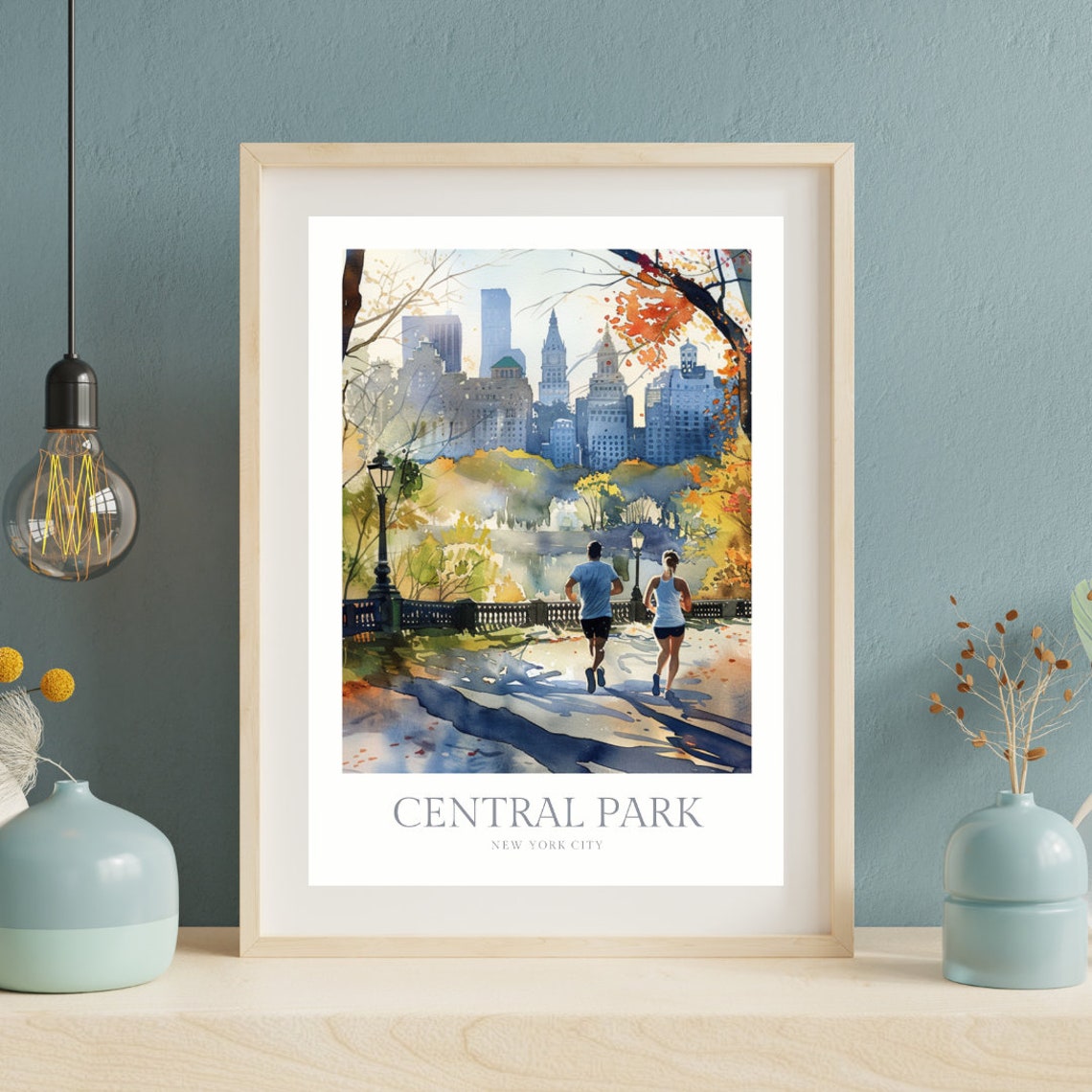Central Park New York City Runners Autumn Skyline Watercolor Poster - Image 2