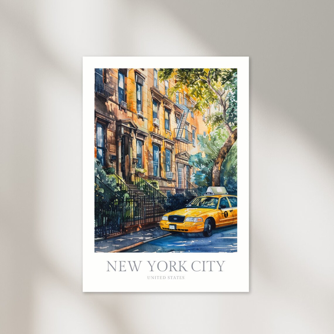 New York City Taxi Watercolor Art Print, Manhattan
