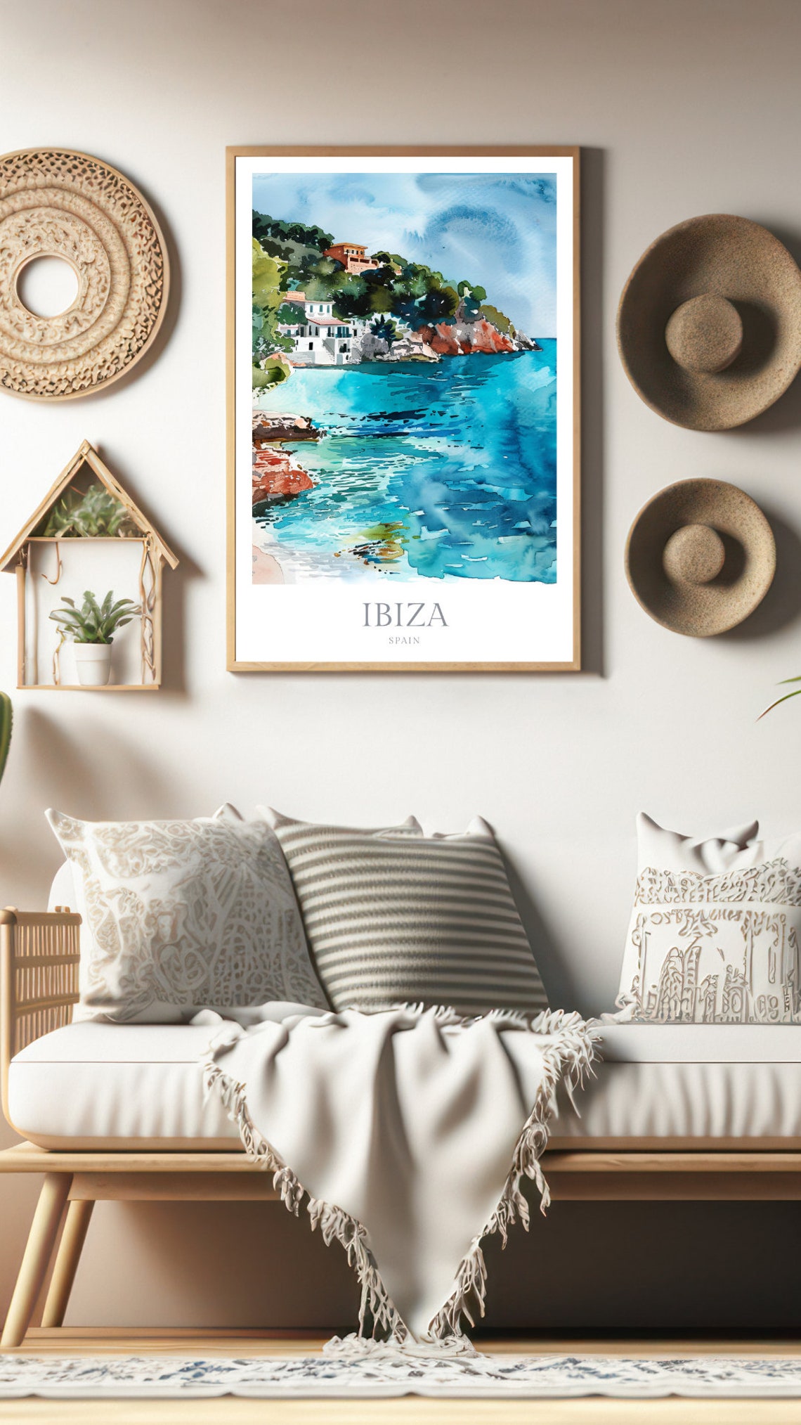 Ibiza Spain Sunlit Turquoise Cove White Villas Watercolor Poster - Image 2